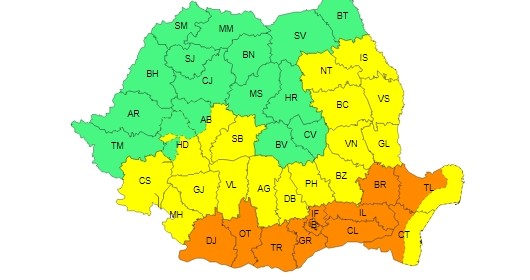 Noi avertizări COD PORTOCALIU de vijelii și caniculă
