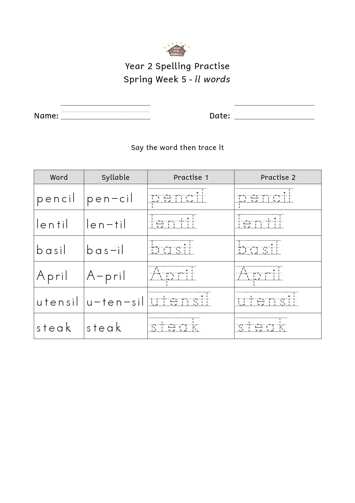 year 2 spelling practice week 5 il words the islamic home education resources
