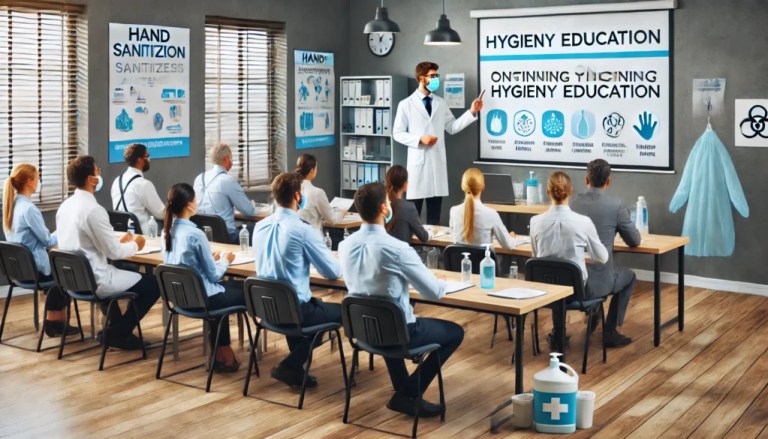 A classroom with teachings of hygiene, sanitization and disinfection. The teacher teaches to his student the importance of disinfection in schools ensuring a healthy learning environment.