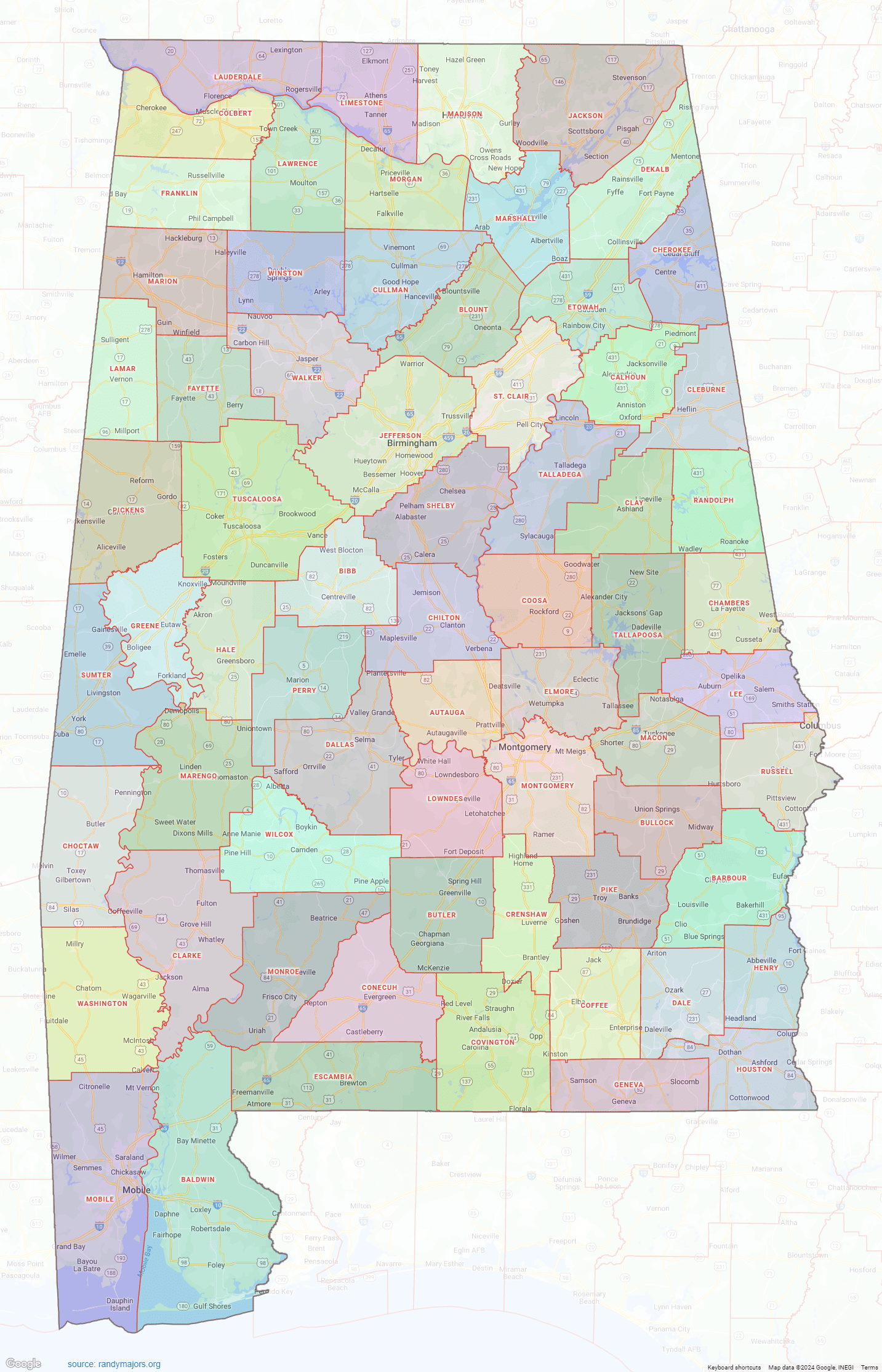 Alabama County Map Shown On Google Maps Alabama County Map 