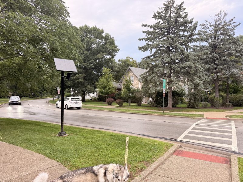 A camera pole with solar energy panels above it stands on the parkway next to a street. A house and some trees are visible behind it.