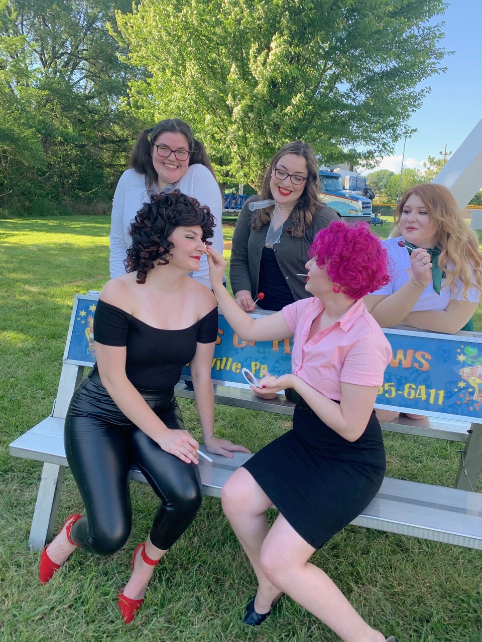 The Pink Ladies (back row left to right) Melinee Wilson as Jan, Megan Carney as Marty and Stephanie Appel as Rizzo and (front) Grace Patton as Sandy and Ash Bean as Frenchy perform in Fleetwood Community Theatre's production of "Grease" Aug. 5 and 6. (Submitted photo)