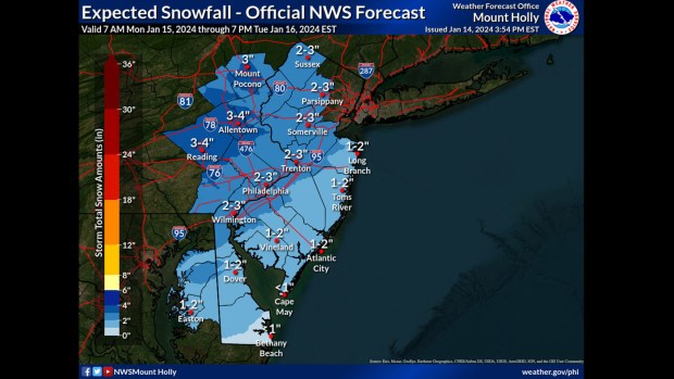 The latest projected snow totals for the National Weather Service's Mount Holly, N.J., forecast area.