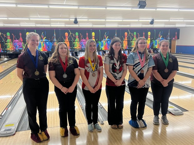 The girls medalists at the BCIAA individual bowling tournament are, from left, Gov. Mifflin's Lily Watts, first; Gov. Mifflin's Valleri Addis, second; Wilson's Natalie Bonnette, third; Hamburg's Makaylah Ammon, fourth; Daniel Boone's Kristin Fitzcharles, sixth; and Gov. Mifflin's Serina Miller, fifth. (COURTESY OF JARED MONTALTO)