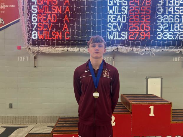 Gov. Mifflin's Branden Weise helped the Mustangs earn gold in the 400 free relay in the Berks swimming championships (COURTESY OF JARED MONTALTO)