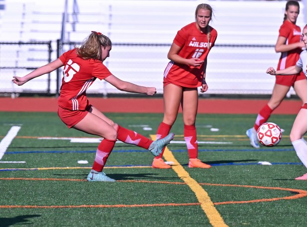 Wilson junior Ellee Vicari sakes a shot on goal in a BCIAA quarterfinal against Fleetwood. (COURTESY OF BILL SNOOK)