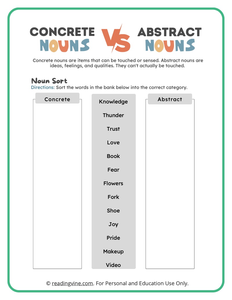 Abstract noun worksheets, definition, and examples