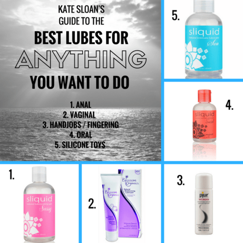 A body of water. Text reads Kate Sloan's Guide to the Best Lubes For Anything You Want To Do. I mage is surrounded by smaller images of lube bottles.