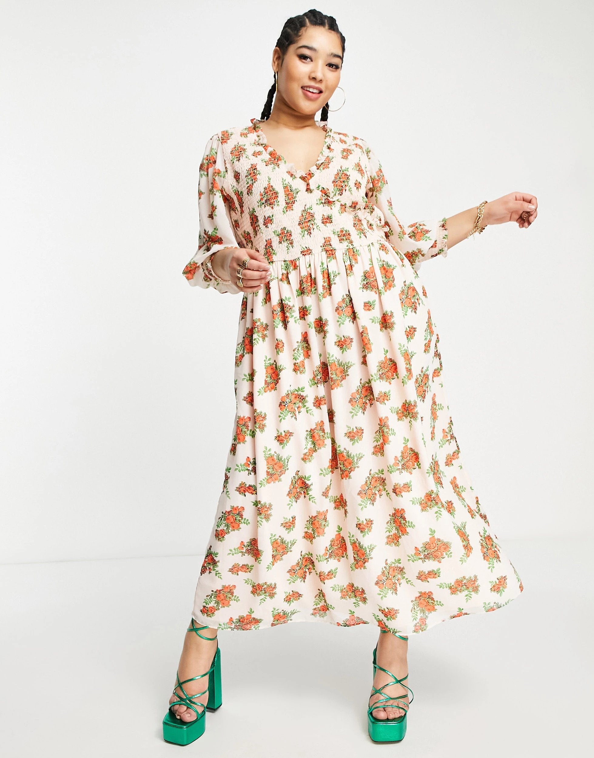 Asos design curve + red floral print midi smock dress