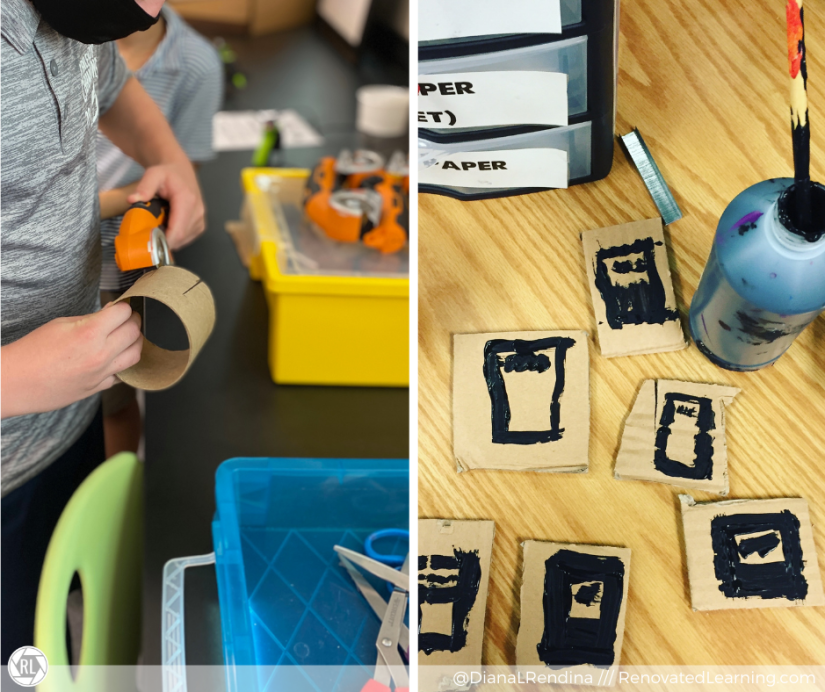Student using Worx scissors; cardboard project decorated with acrylic paint