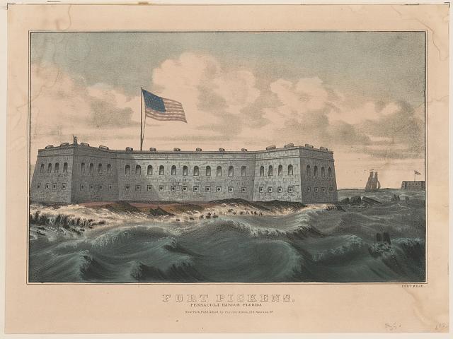 Colored Currier & Ives lithograph of Fort Pickens