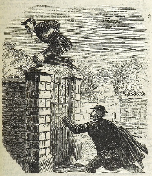 Spring-Heeled Jack jumping over a gate. A 19th century "penny dreadful" illustration.