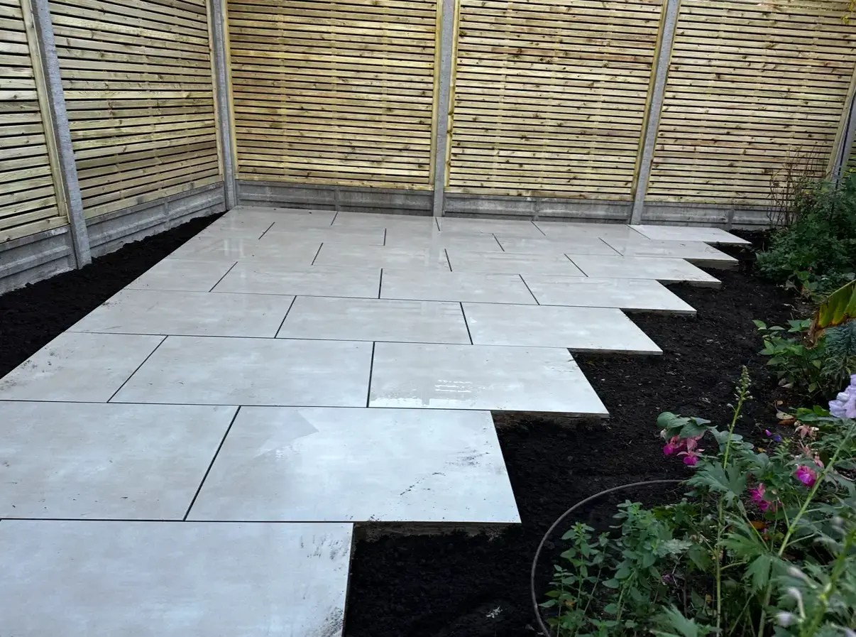 Porcelain patio installation in progress in Lincoln.