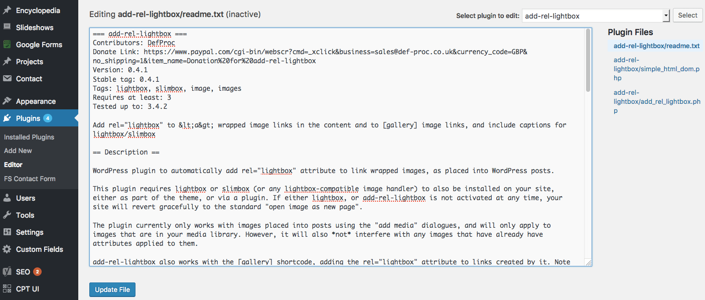 Each image opens in popup, visitors can navigate through them or watch a slideshow, . WordPress Plugin editor - WordPress Encyclopedia