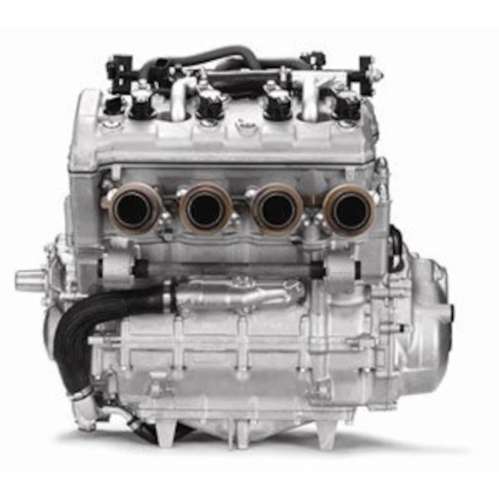 A professionally rebuilt Yamaha Apex Mountain 1000 snowmobile engine, showing its clean, restored condition.