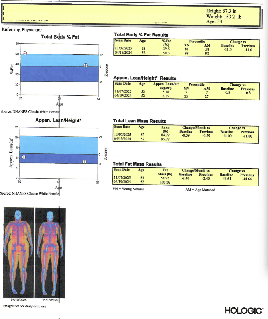 DEXA body composition scan measuring fat, muscle, and bone density