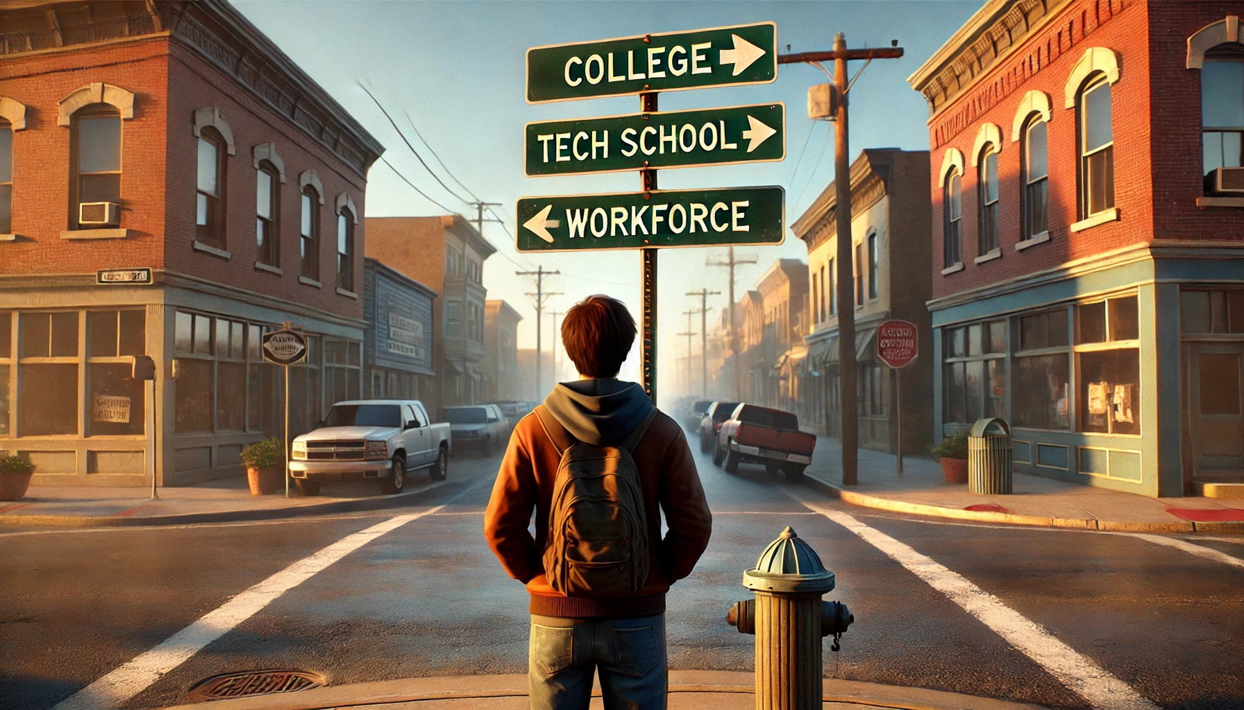 AI generated image of a teen boy looking up at a street sign in a small town. The sign has three paths — college, tech school and workforce