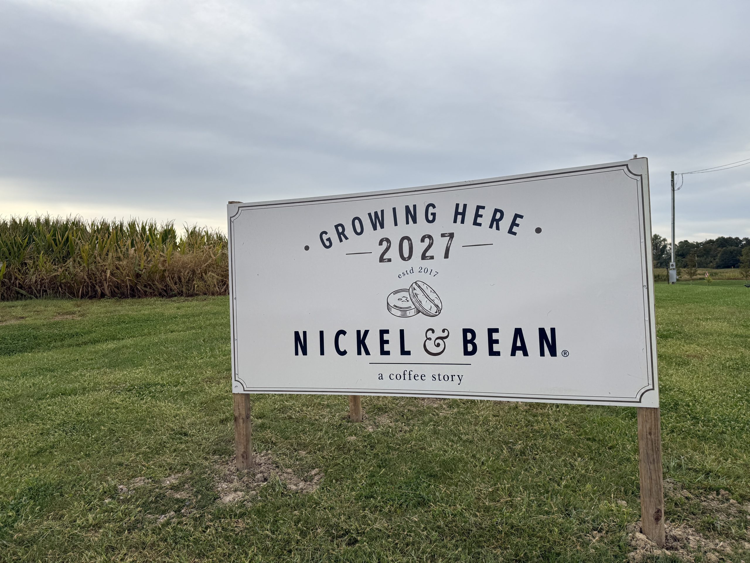 A sign reading "Growing Here 2027: Nickel & Bean" with a cornfield in the background