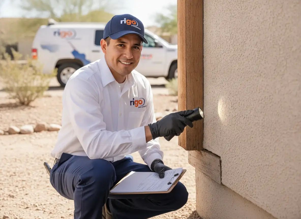 Pest control technician in Rigo uniform inspecting exterior wall foundation of a building with clipboard