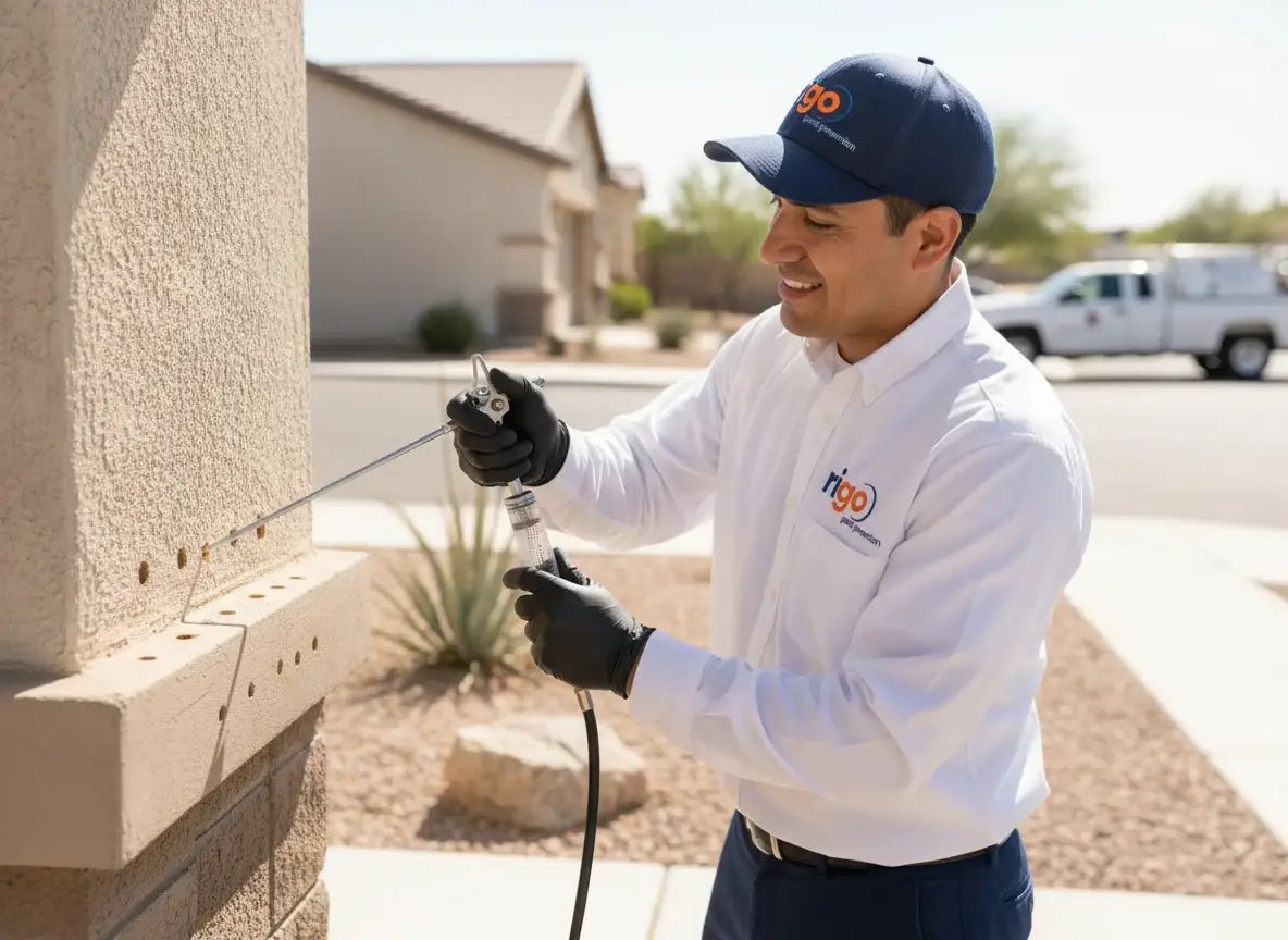Pest control technician in white uniform and cap inspecting exterior wall of stucco building with spray equipment