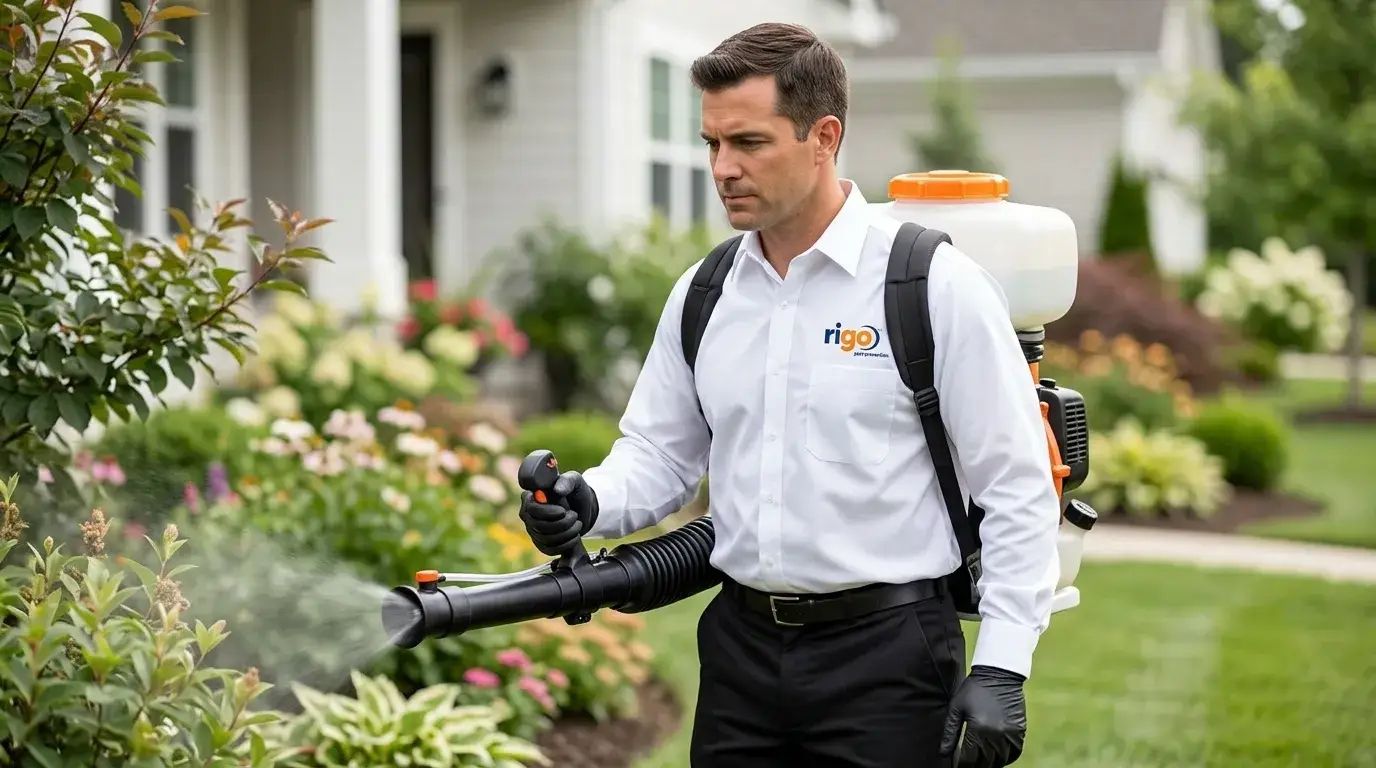 Lawn care professional wearing a white Rigo shirt using a backpack blower to spray plants in a residential garden