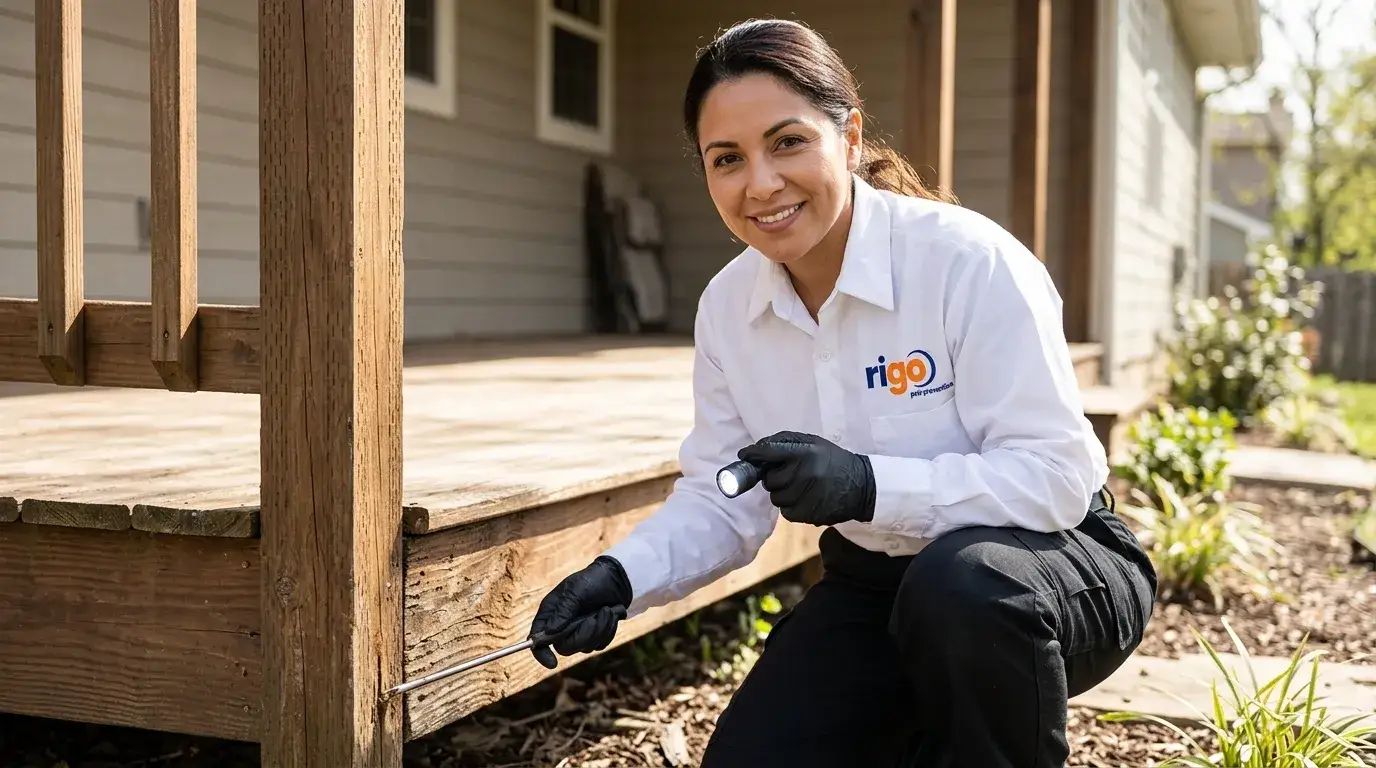 Pest control professional in white uniform inspecting wooden deck structure while wearing black gloves