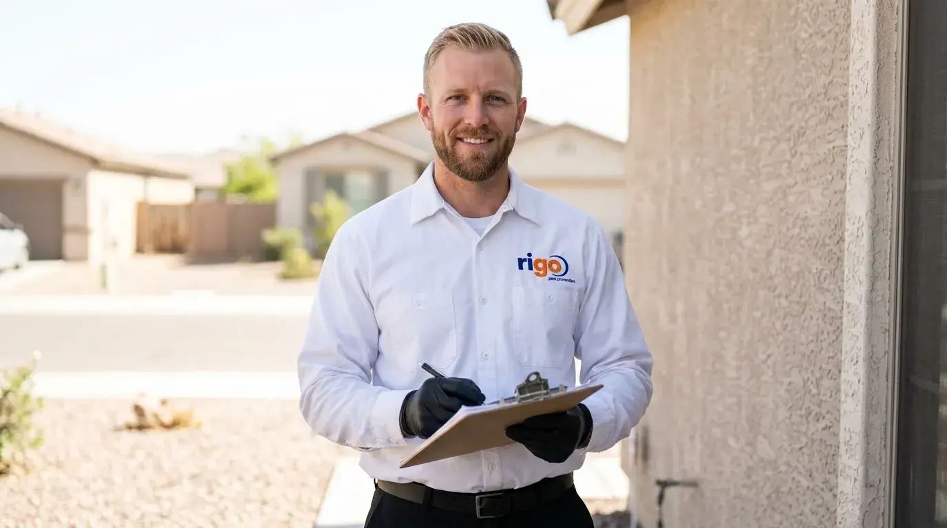 Professional inspector in white Rigo company shirt holding clipboard and pen outdoors in residential area