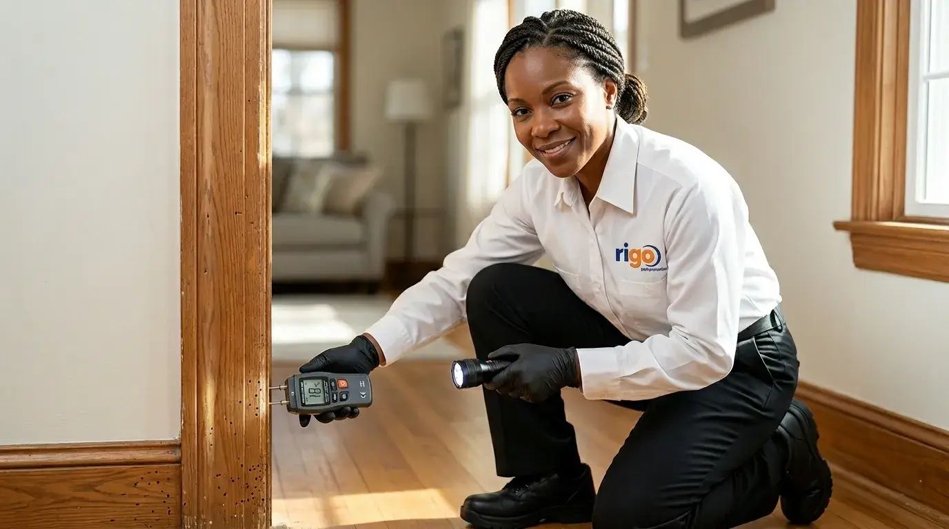 Professional inspector in white uniform examining wooden door frame with moisture meter and flashlight