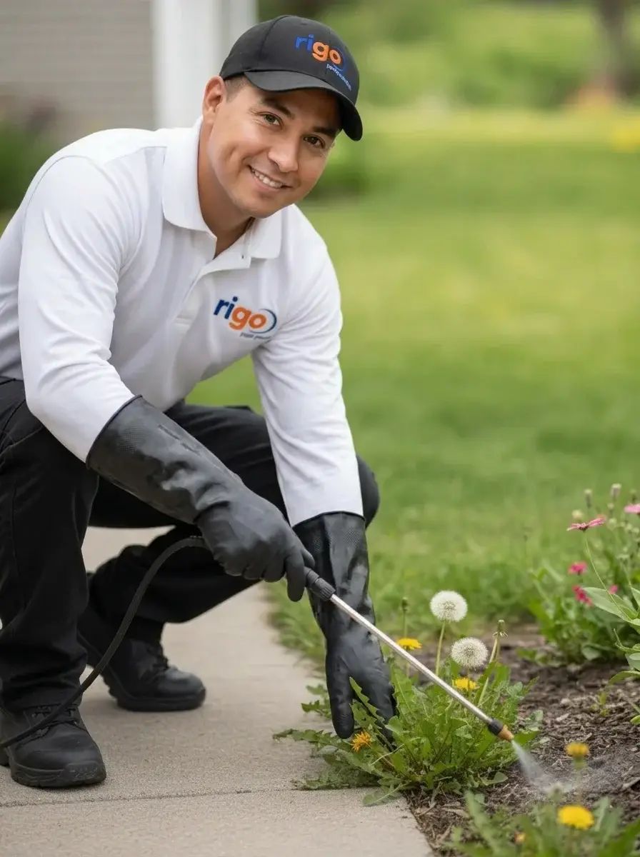 Person in Rigo branded uniform removing weeds from garden bed along sidewalk