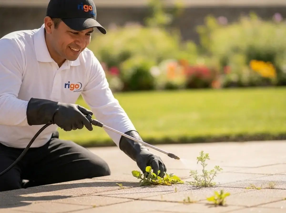 Worker in Rigo-branded polo shirt removing weeds from paved driveway with a metal tool