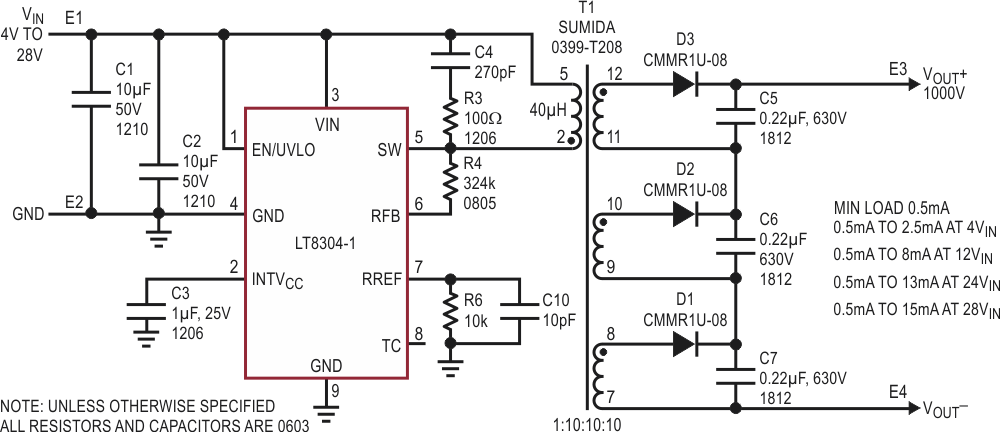 1000v Output No Opto Isolated Flyback Converter