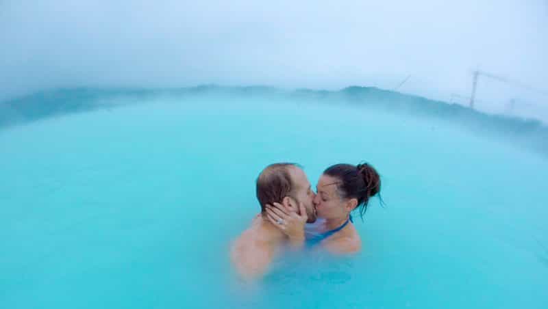 Couple kissing in Iceland