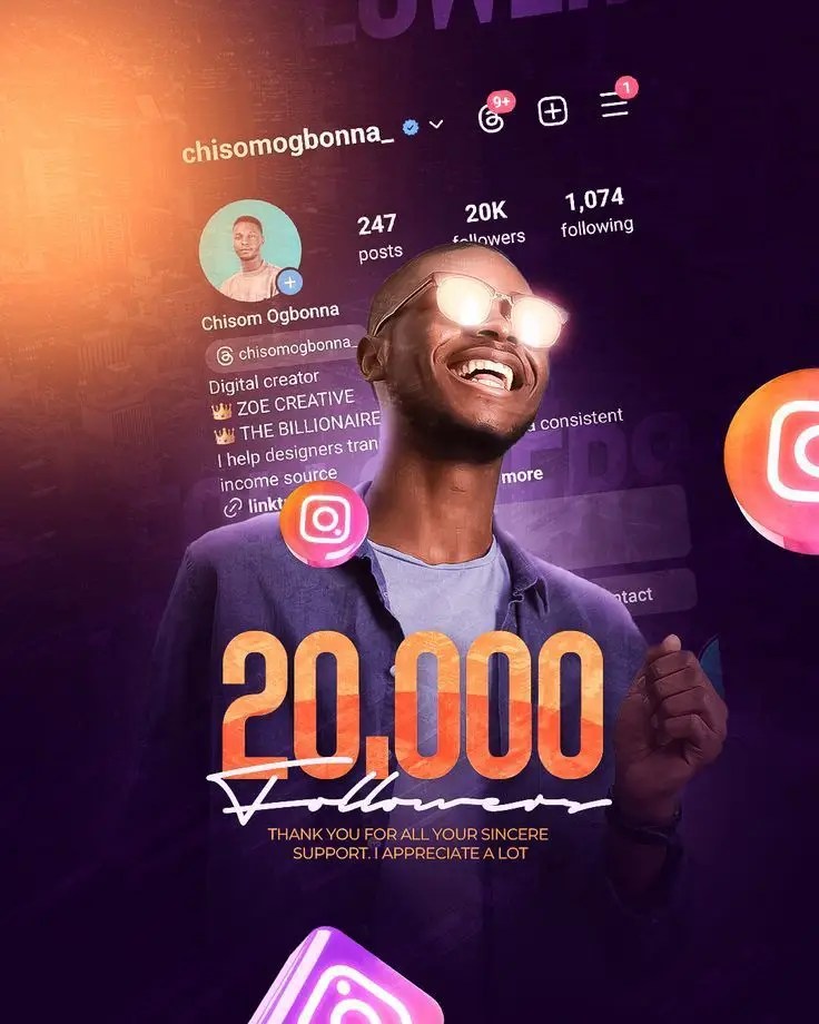 A smiling man celebrating 20,000 Instagram followers with his profile in the background and floating Instagram icons.