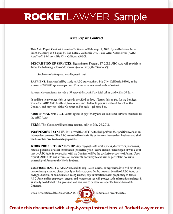 Free Auto Repair Contract Free To Print Save Download