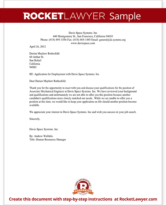 Free Employment Rejection Letter Free To Print Save Download