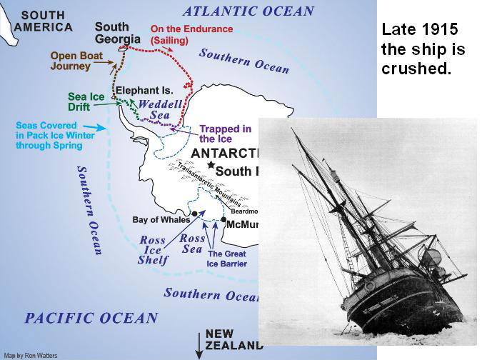 4 endurance crushed, ship abandoned, 14 months, 19 days, october 27th 1915 ; Ernest Shackleton