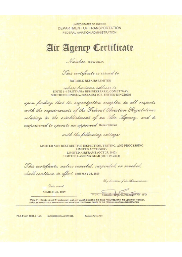 Faa Credentials Example Approvals | Rotable Repairs Ltd.