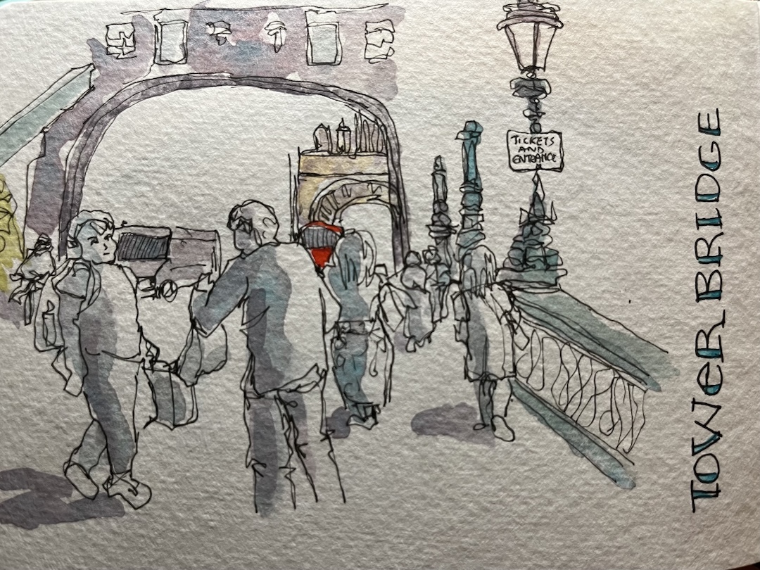 Ink and watercolour sketch of Tower Bridge London. With people walking on the bridge and a red bus coming over the bridge.
