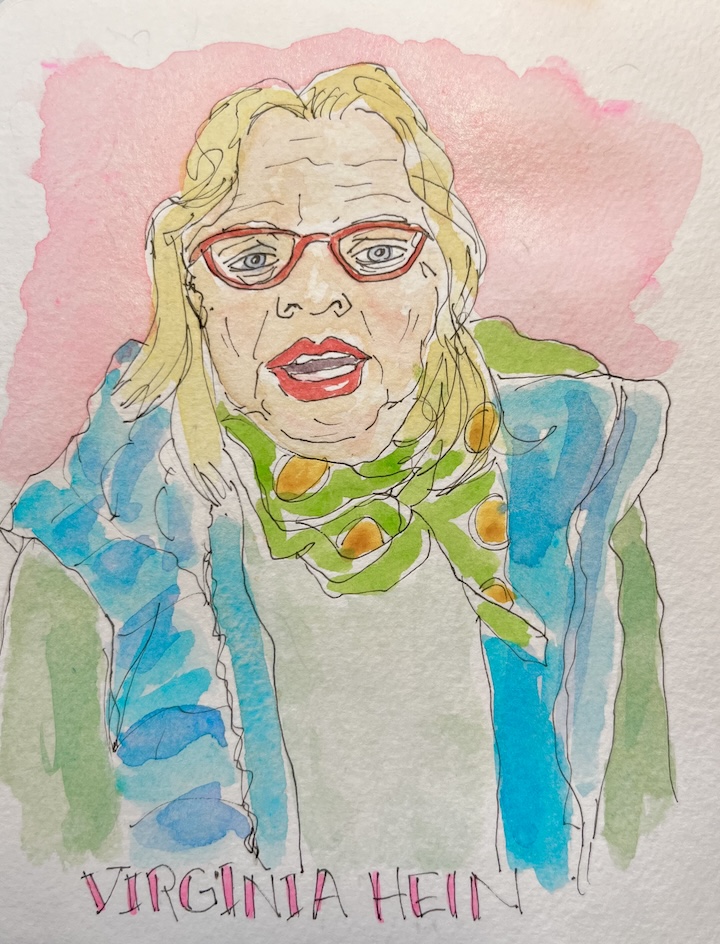 Virginia Hein urban sketcher from her Toulouse Workshop Video. Ink and watercolour portrait.