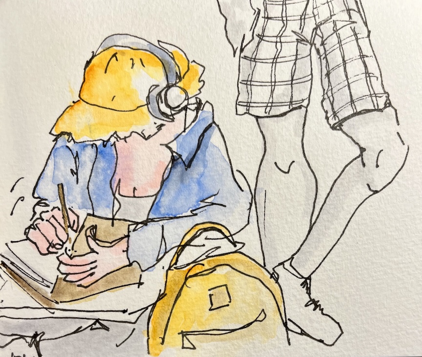 sketcher at Toulouse Airport Ink and Watercolour Urban Sketch.