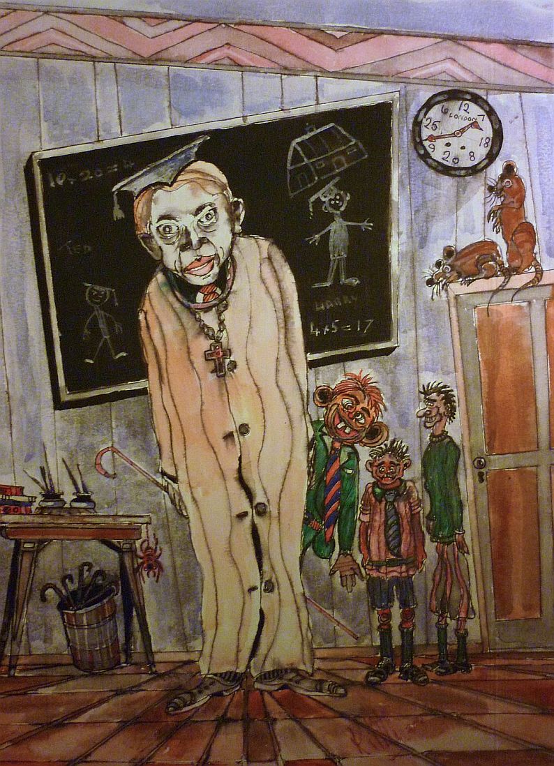 Classroom, school, rats and teacher. painting.