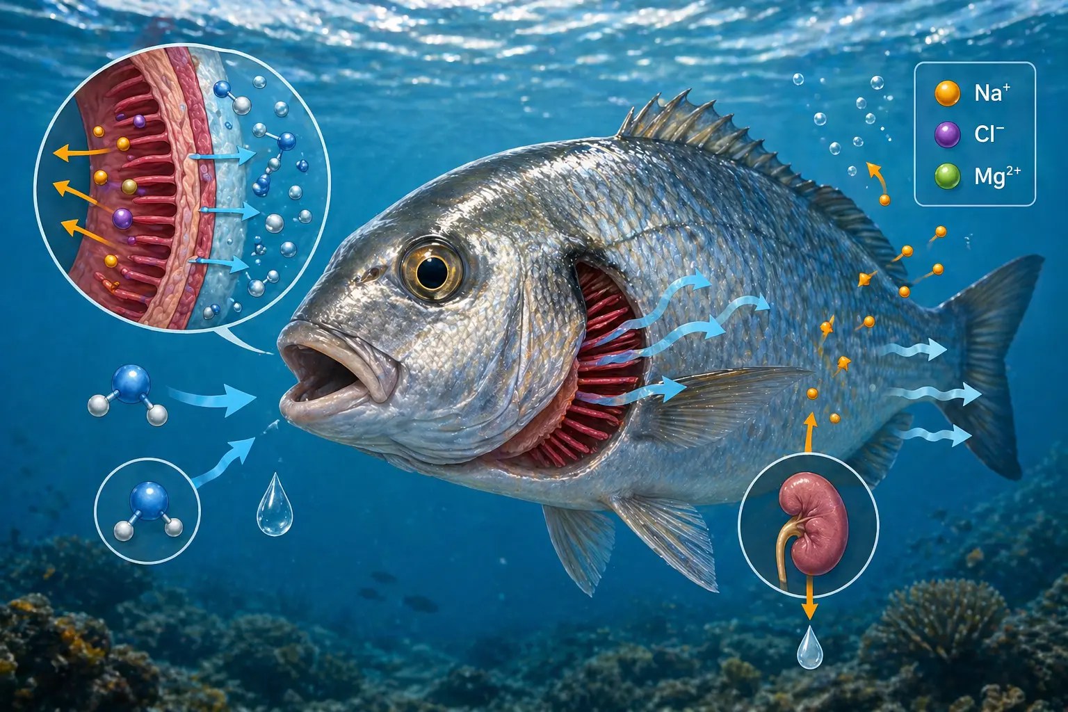 Ilustración de un pez con expresión de sed, rodeado de agua salada, representando la deshidratación en peces marinos.