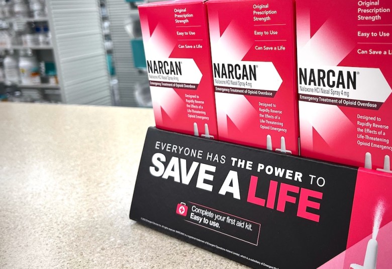 Narcan, used to counter the effects of opioid overdoses, is sold over-the-counter at a public pharmacy.