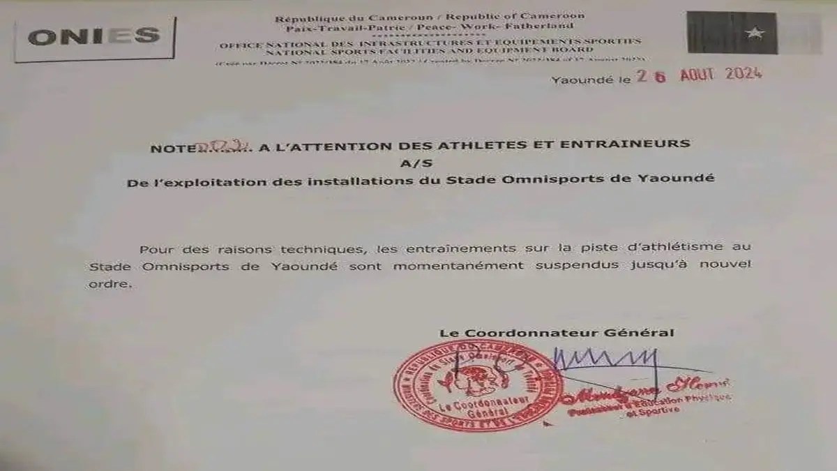 Pistes d'athlétisme du stade Ahmadou Ahidjo, Communiqué ONIES