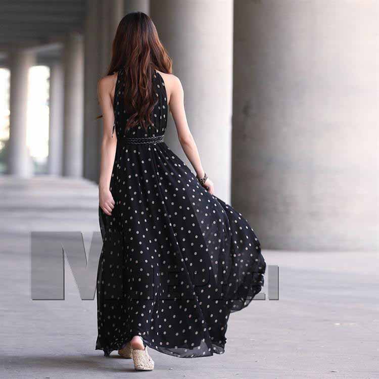 Long dress hitam polkadot simple