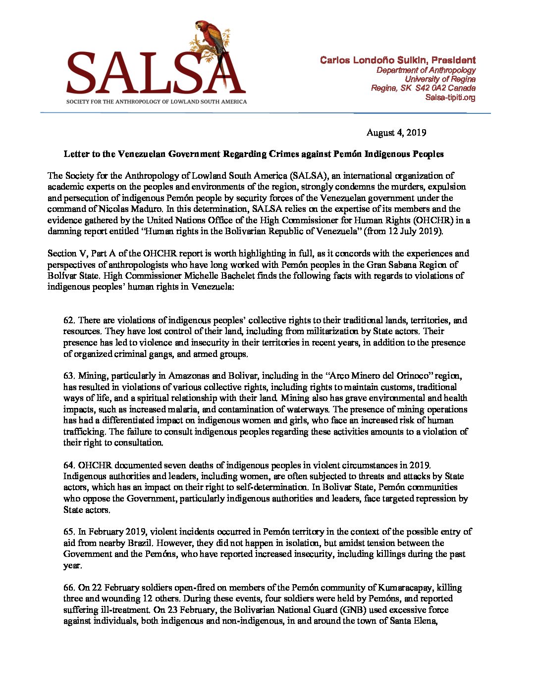 Piac Letter To Venezuelan Government Aug19 Pdf Society For The Anthropology Of Lowland South America