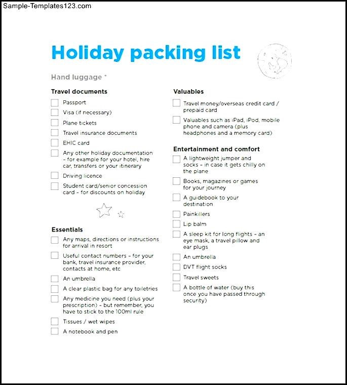 sample holiday packing list template sample templates