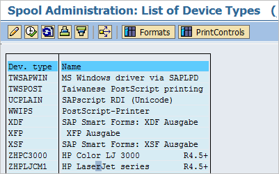 SPAD SAP Device type list sap printer