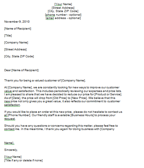 3 Letters To Inform Customer Of Price Decrease Writing Letters Formats Examples