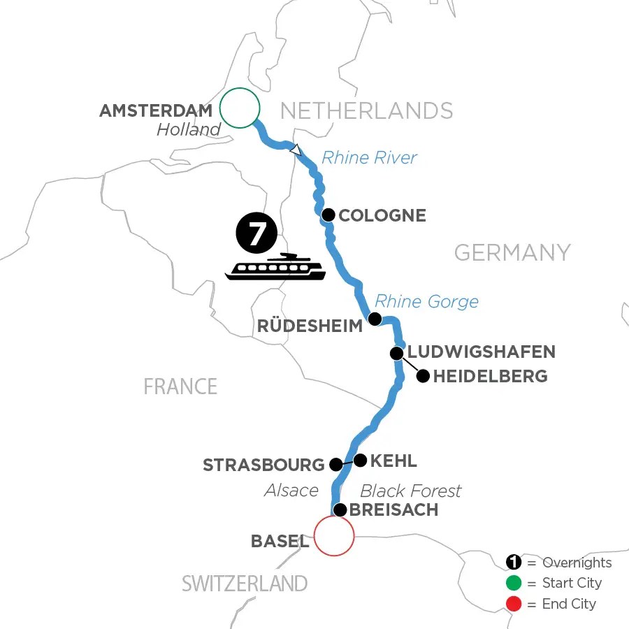 Avalon Waterways Netherlands to Switzerland cruise map.